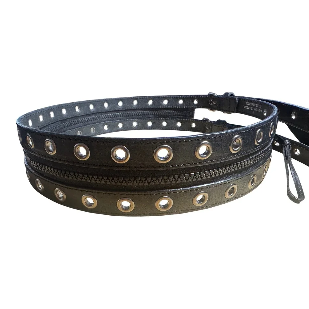 Express Black Leather Double Grommet Zipper Belt Small Punk Grunge Edgy Y2k 00's